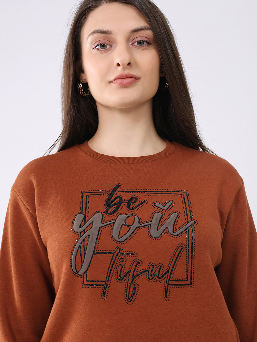 Women Rust Printed Round Neck Full Sleeve Sweatshirt