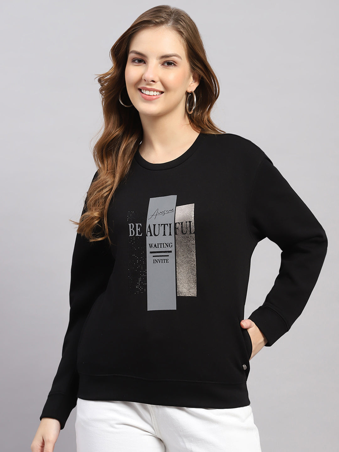 Women Black Printed Round Neck Full Sleeve Sweatshirt