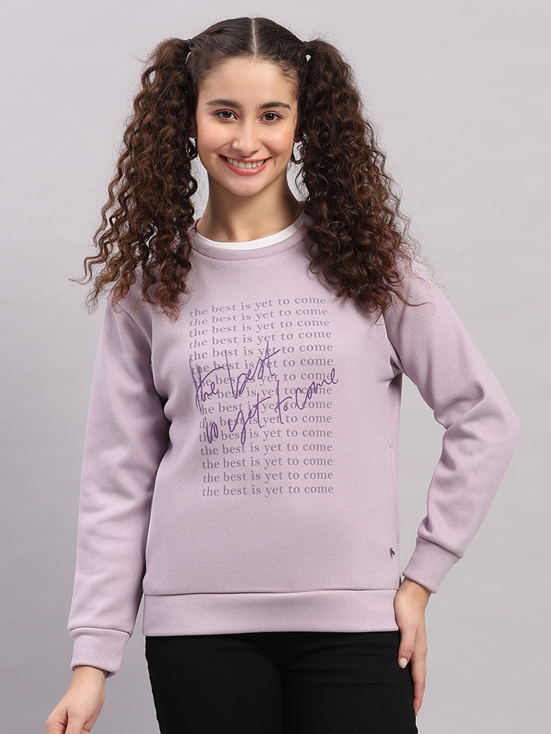 Women Purple Printed Round Neck Full Sleeve Sweatshirt