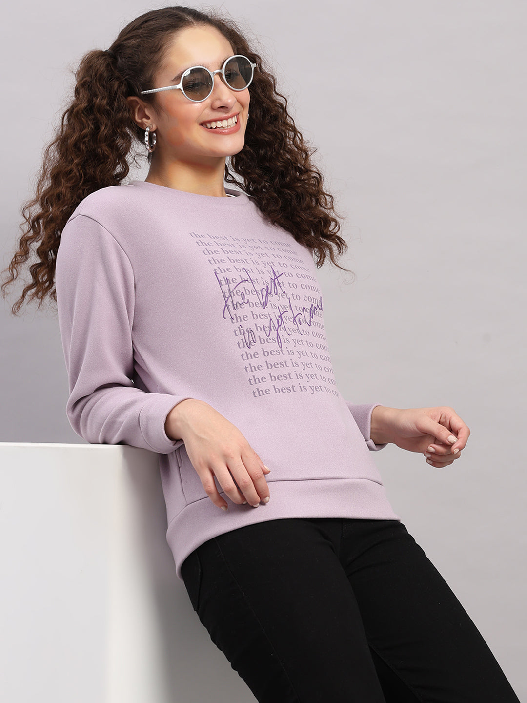 Women Purple Printed Round Neck Full Sleeve Sweatshirt