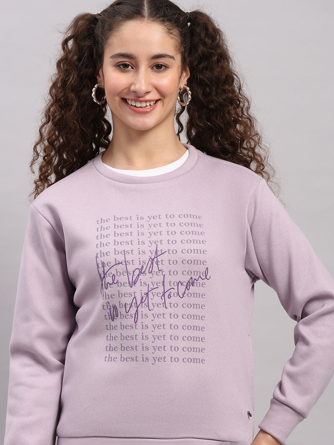 Women Purple Printed Round Neck Full Sleeve Sweatshirt