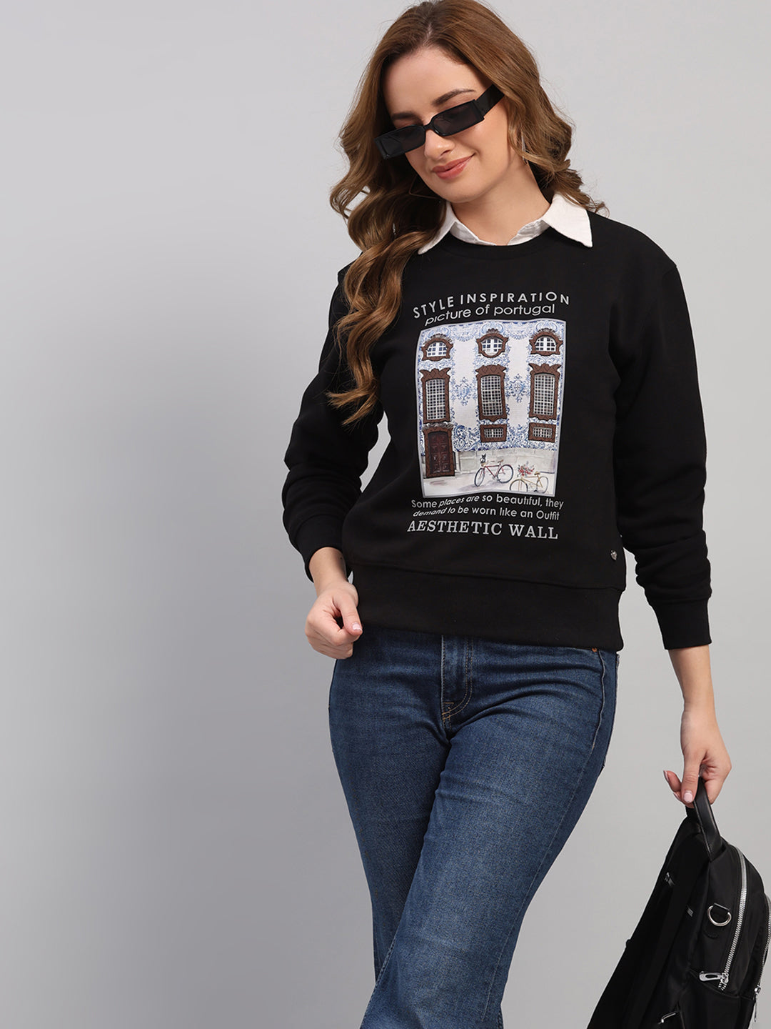 Women Black Printed Round Neck Full Sleeve Sweatshirt