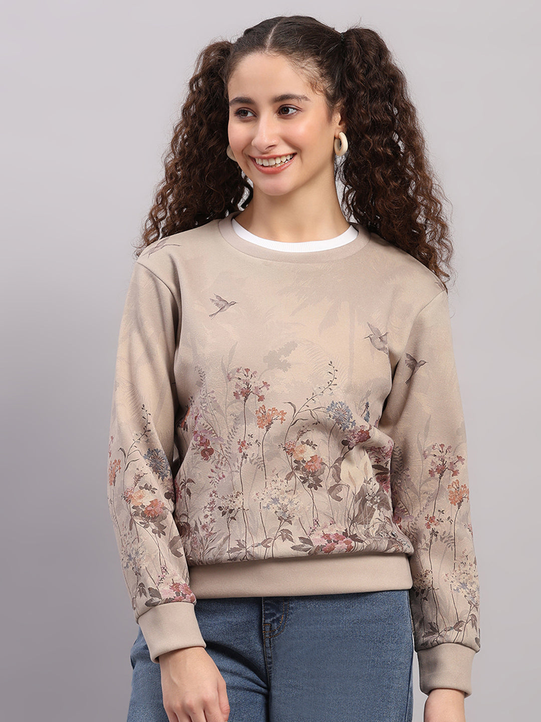 Women Beige Printed Round Neck Full Sleeve Sweatshirt