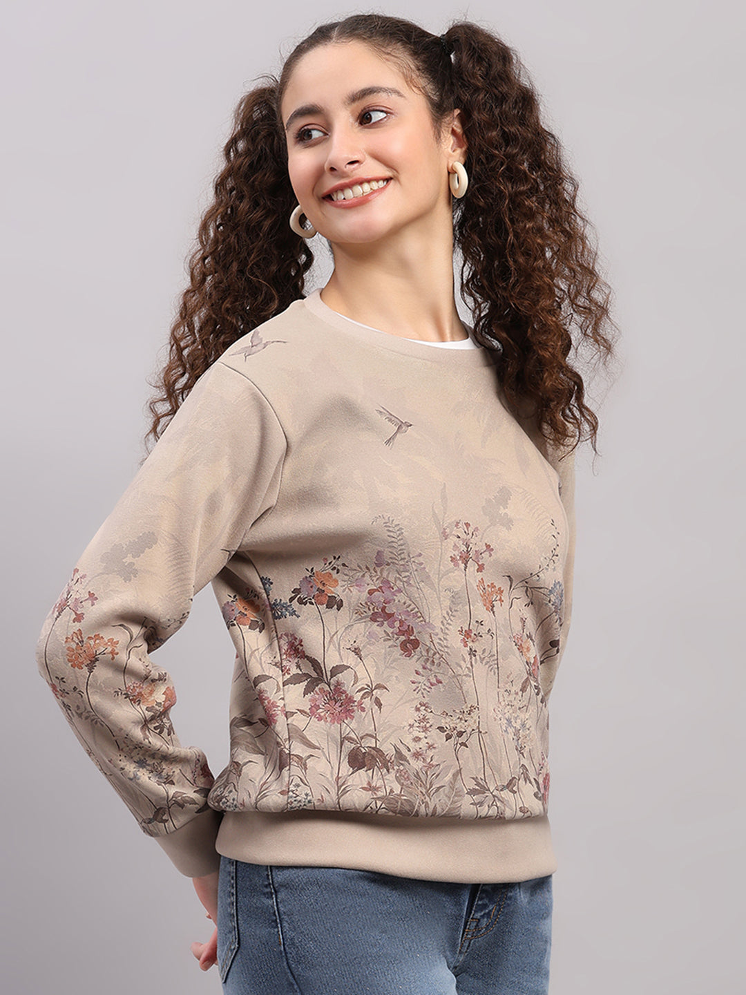 Women Beige Printed Round Neck Full Sleeve Sweatshirt