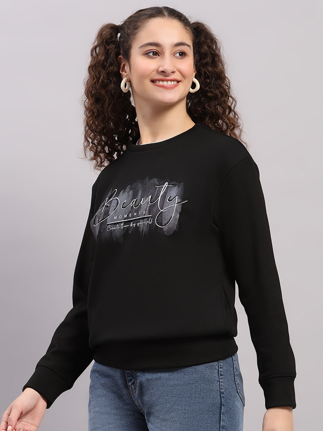 Women Black Printed Round Neck Full Sleeve Sweatshirt