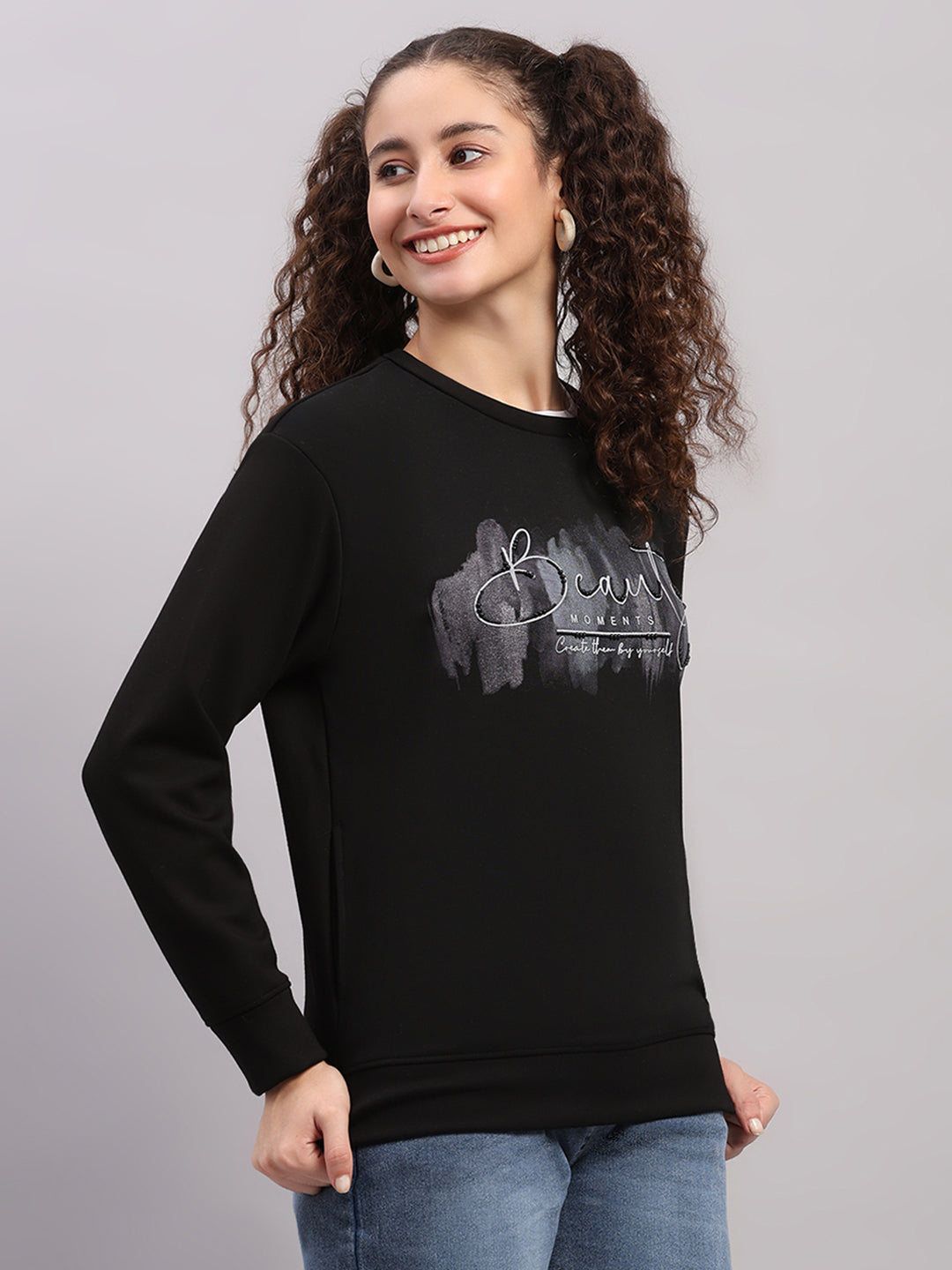 Women Black Printed Round Neck Full Sleeve Sweatshirt