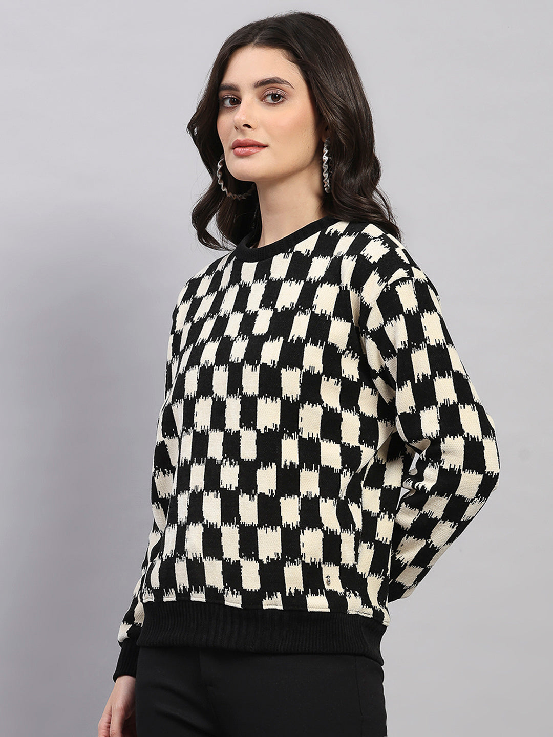 Women Black Self Design Round Neck Full Sleeve Sweatshirt