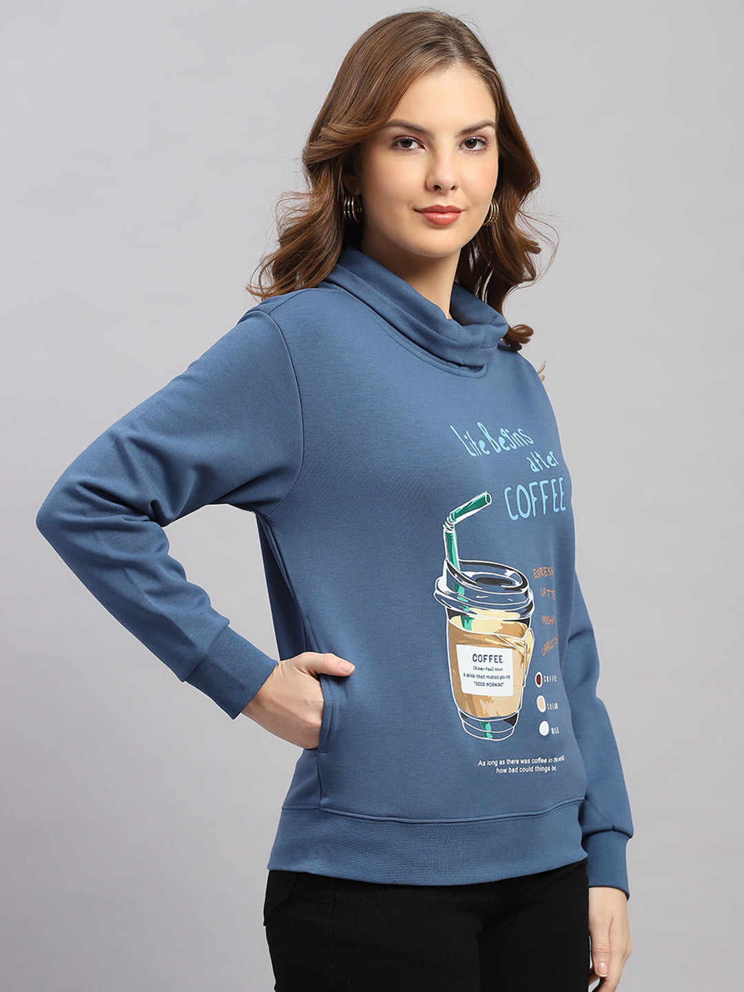 Women Blue Printed Round Neck Full Sleeve Sweatshirt