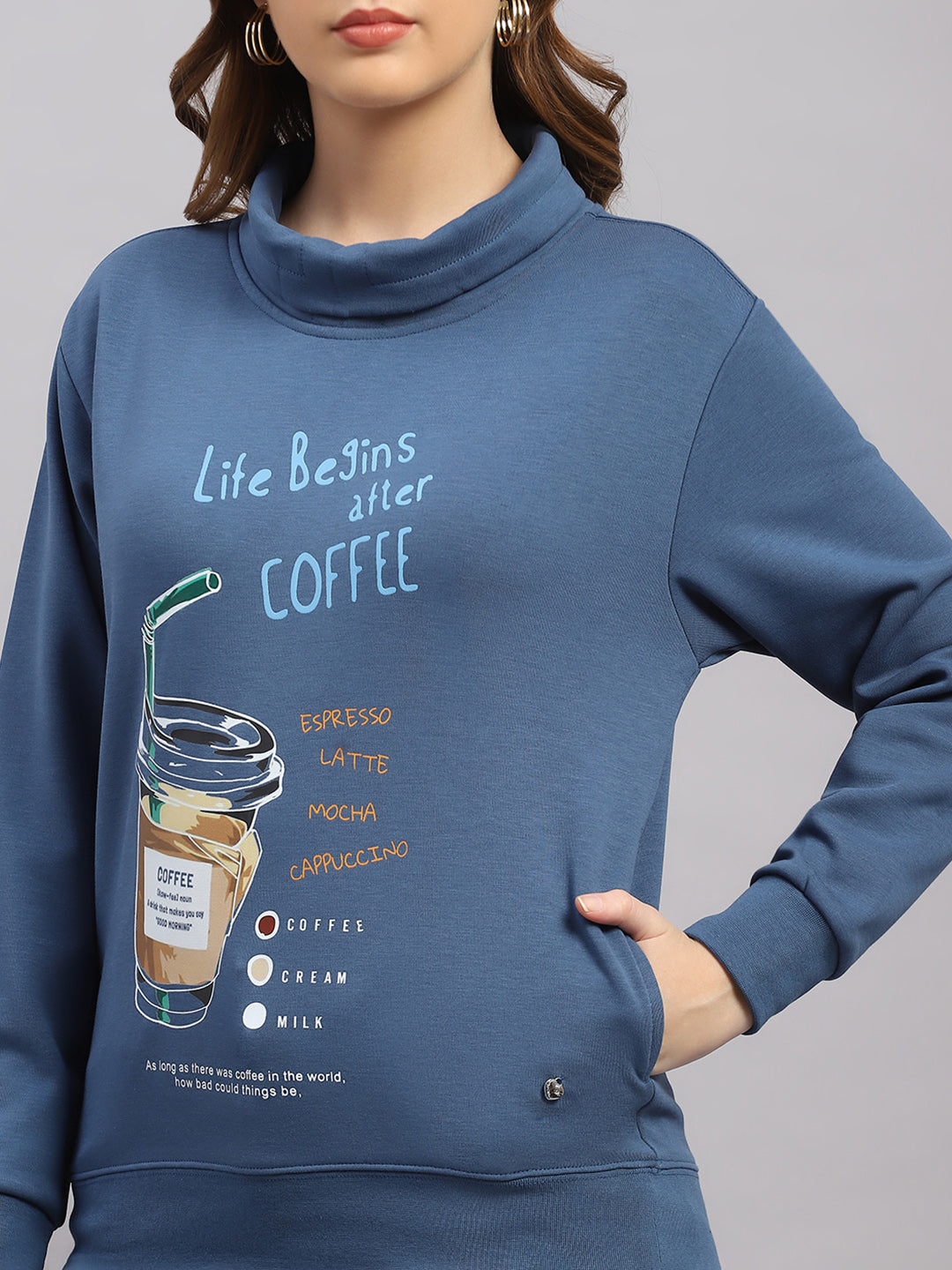 Women Blue Printed Round Neck Full Sleeve Sweatshirt