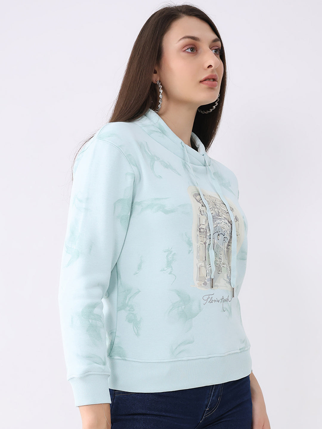 Women Blue Printed Mock Neck Full Sleeve Sweatshirt