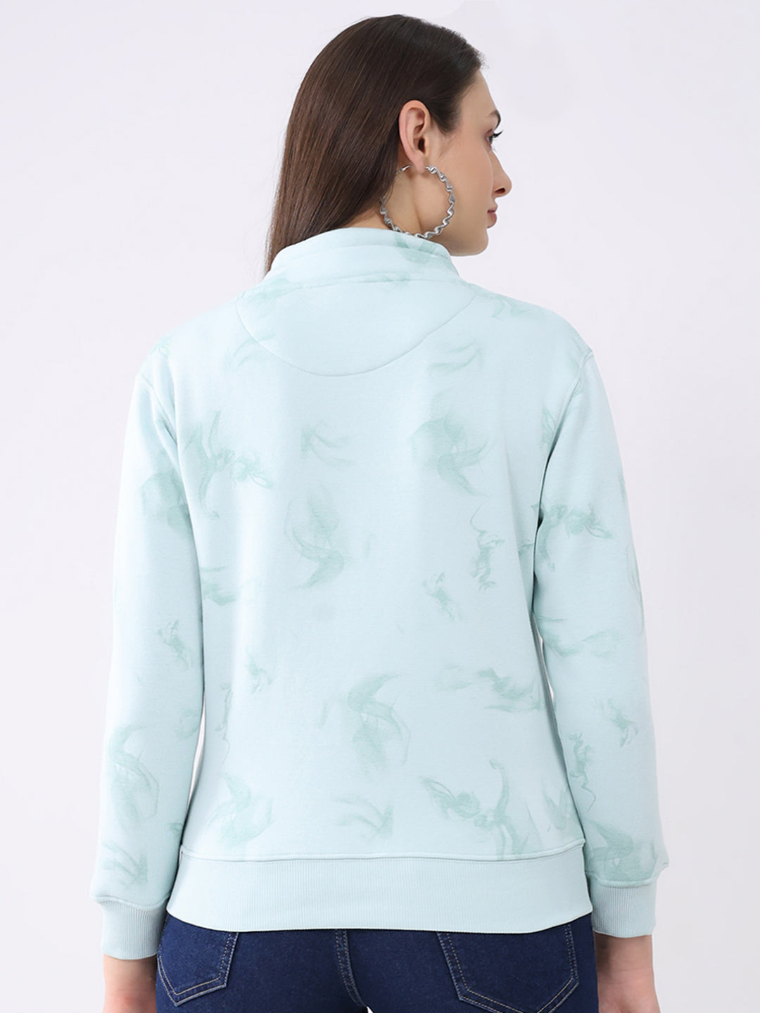 Women Blue Printed Mock Neck Full Sleeve Sweatshirt
