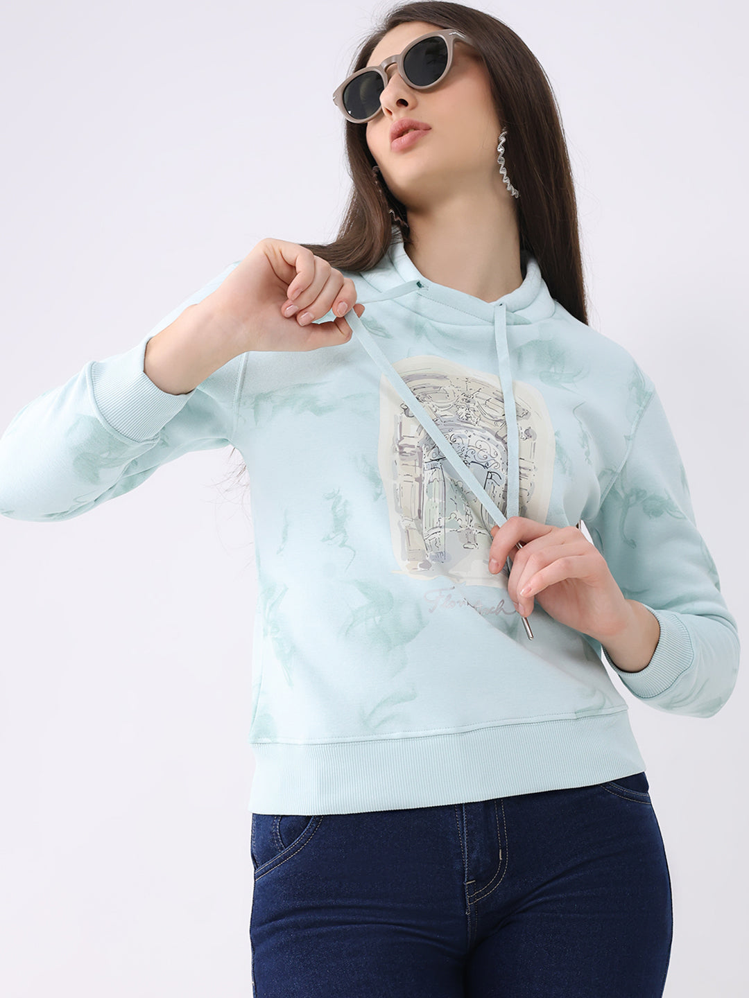 Women Blue Printed Mock Neck Full Sleeve Sweatshirt