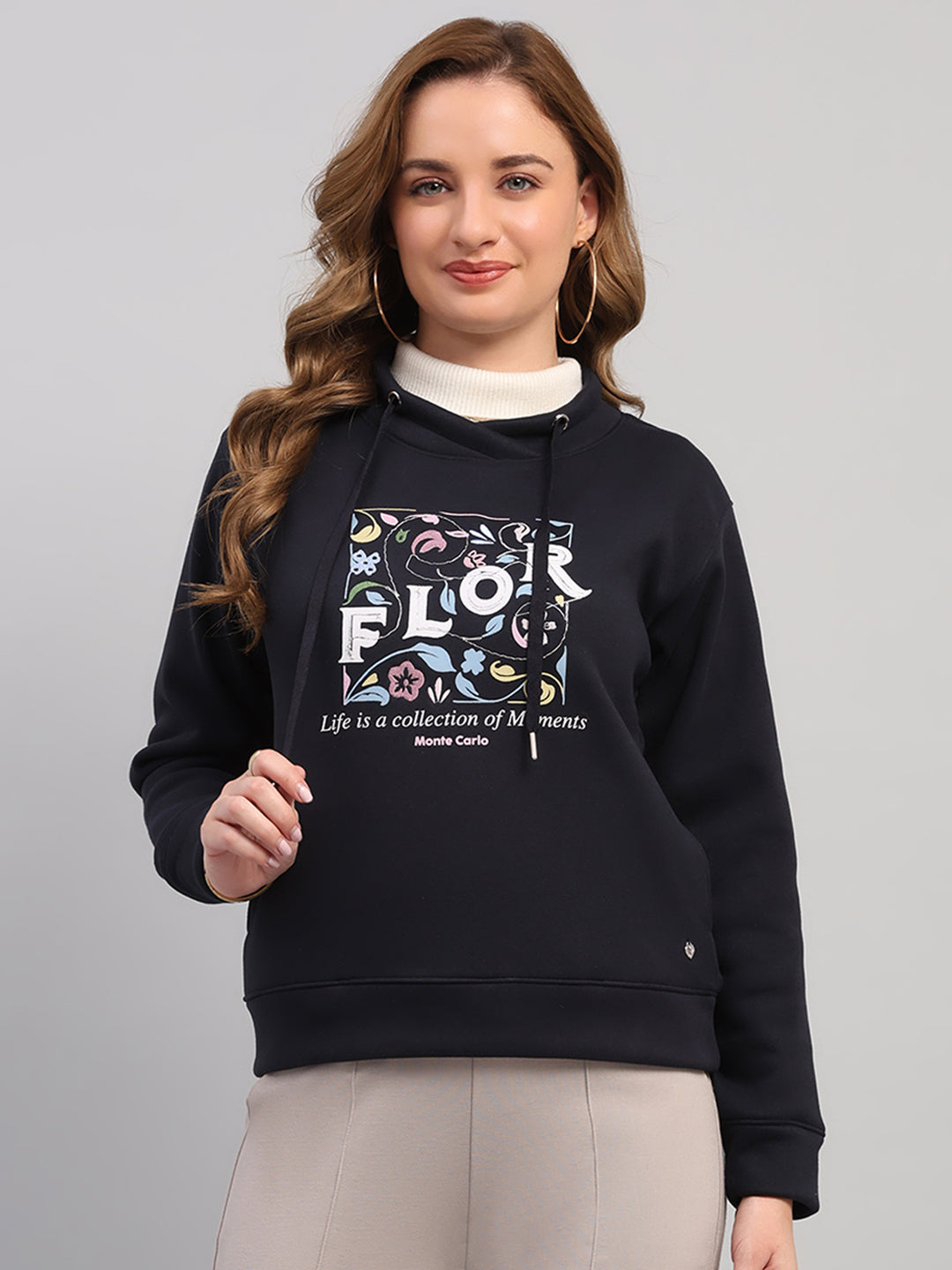 Women Navy Blue Printed Turtle Neck Full Sleeve Sweatshirt