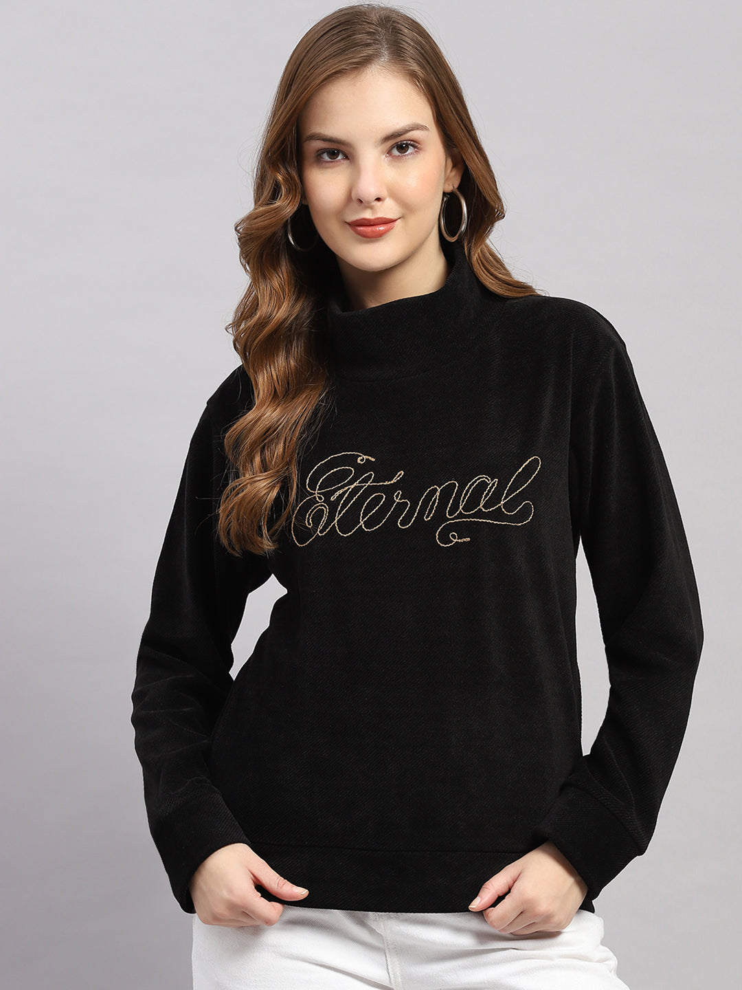 Women Black Printed Round Neck Full Sleeve Sweatshirt