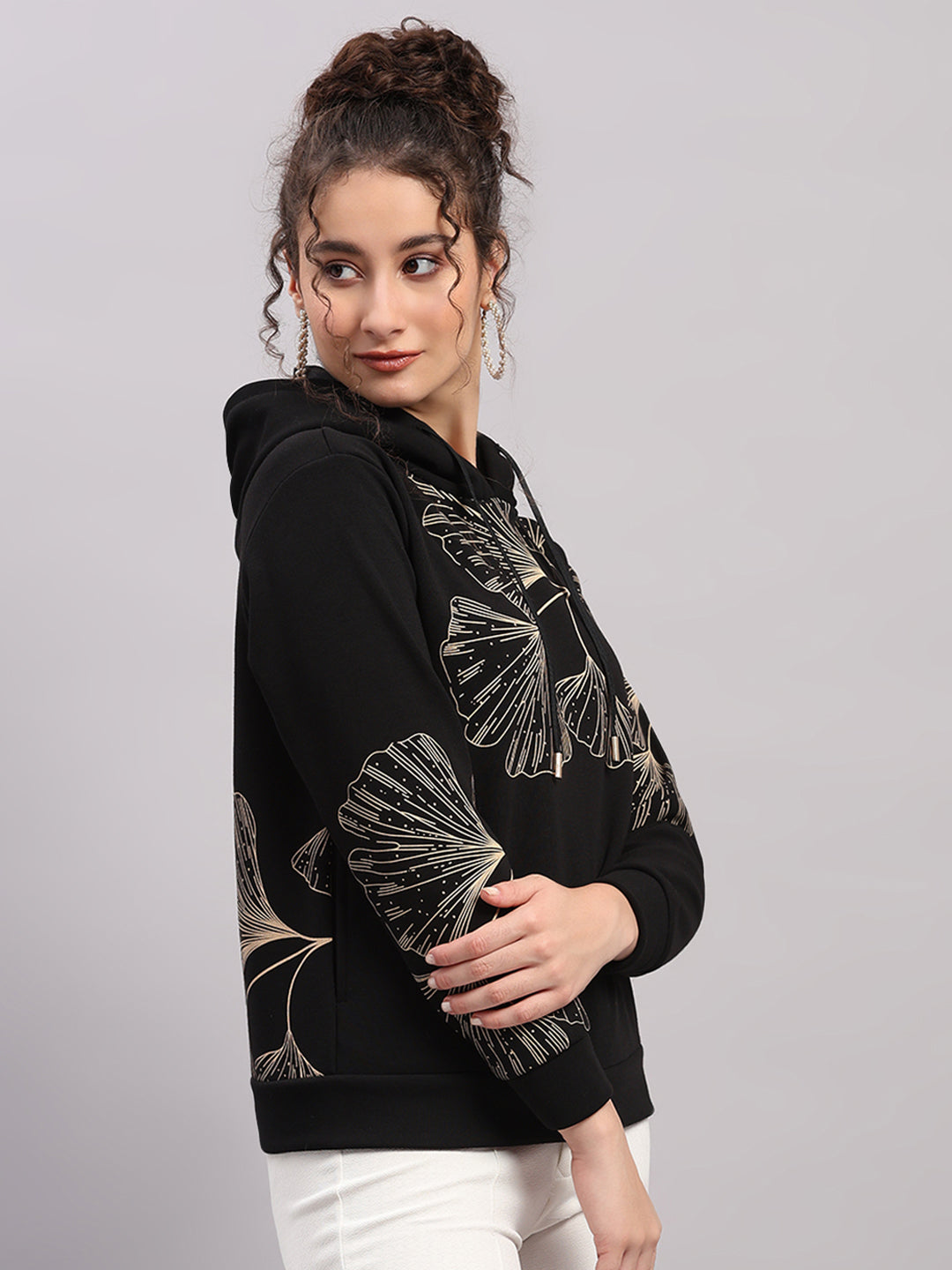 Women Black Printed Hooded Full Sleeve Sweatshirt