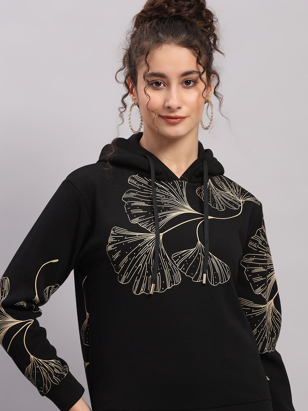 Women Black Printed Hooded Full Sleeve Sweatshirt