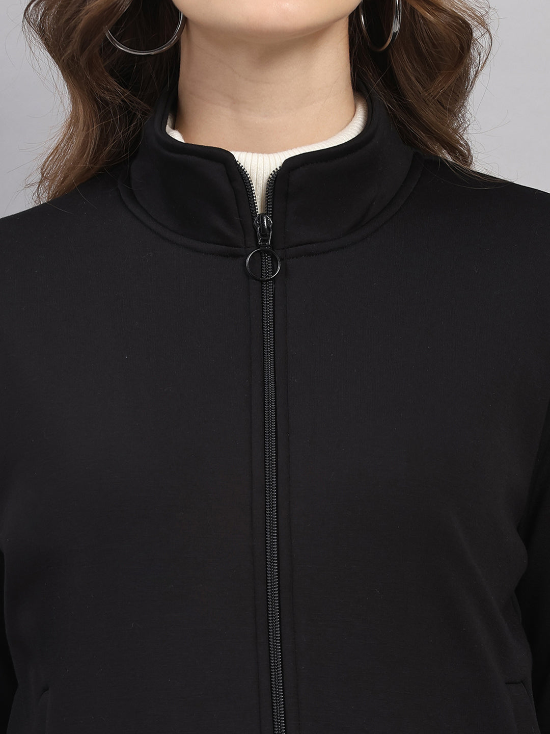 Women Black Printed Mandarin Neck Full Sleeve Sweatshirt