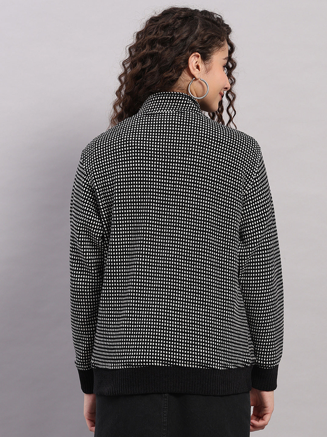 Women Black Self Design Round Neck Full Sleeve Sweatshirt