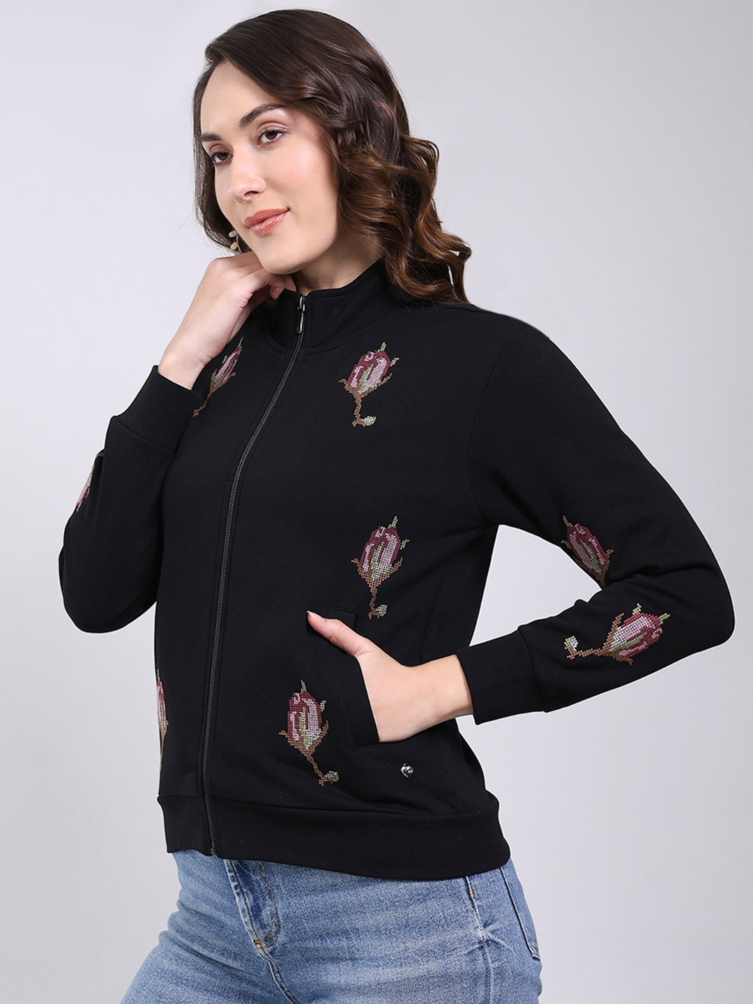 Women Black Self Design Mock Neck Full Sleeve Sweatshirt