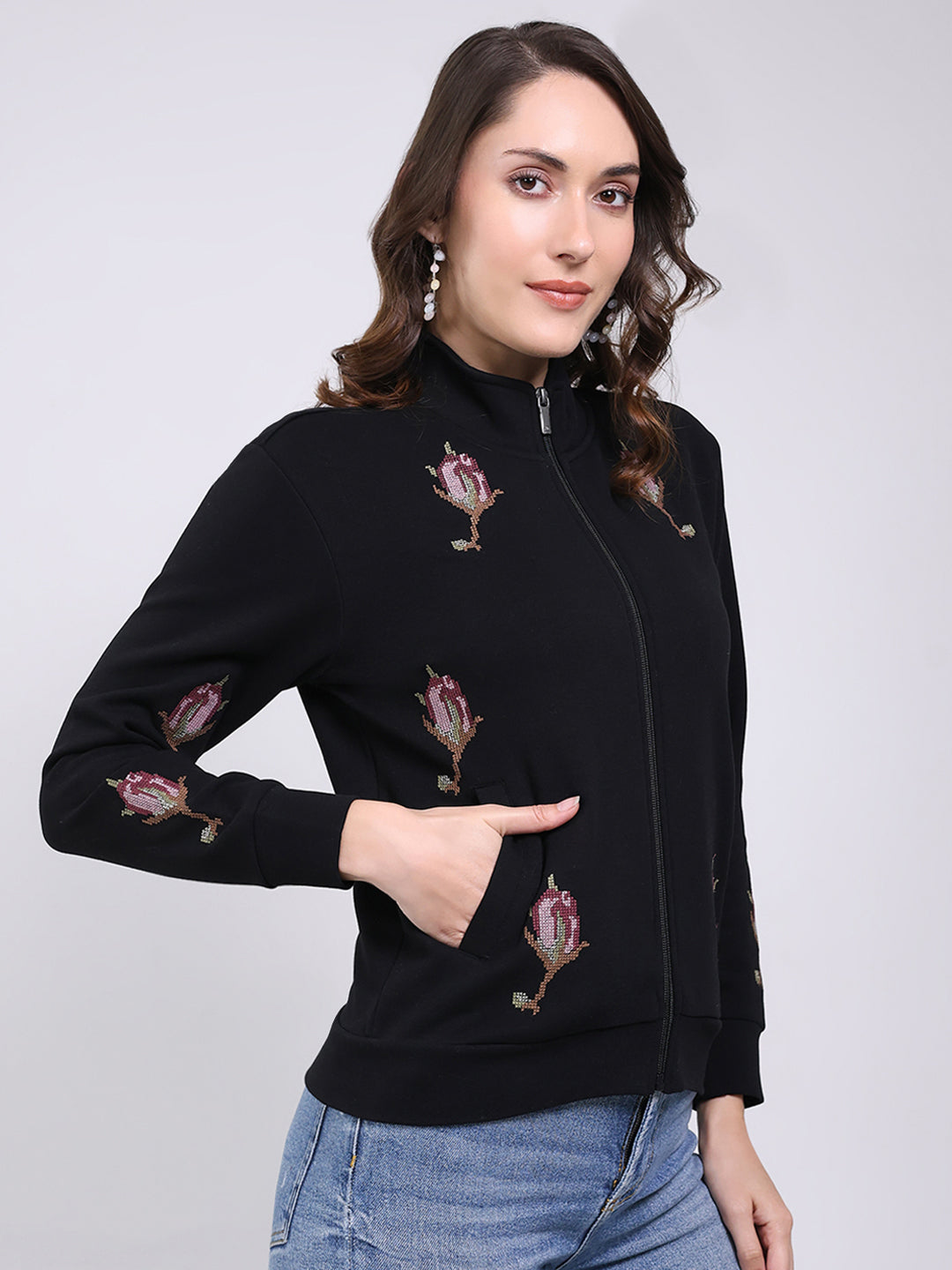 Women Black Self Design Mock Neck Full Sleeve Sweatshirt