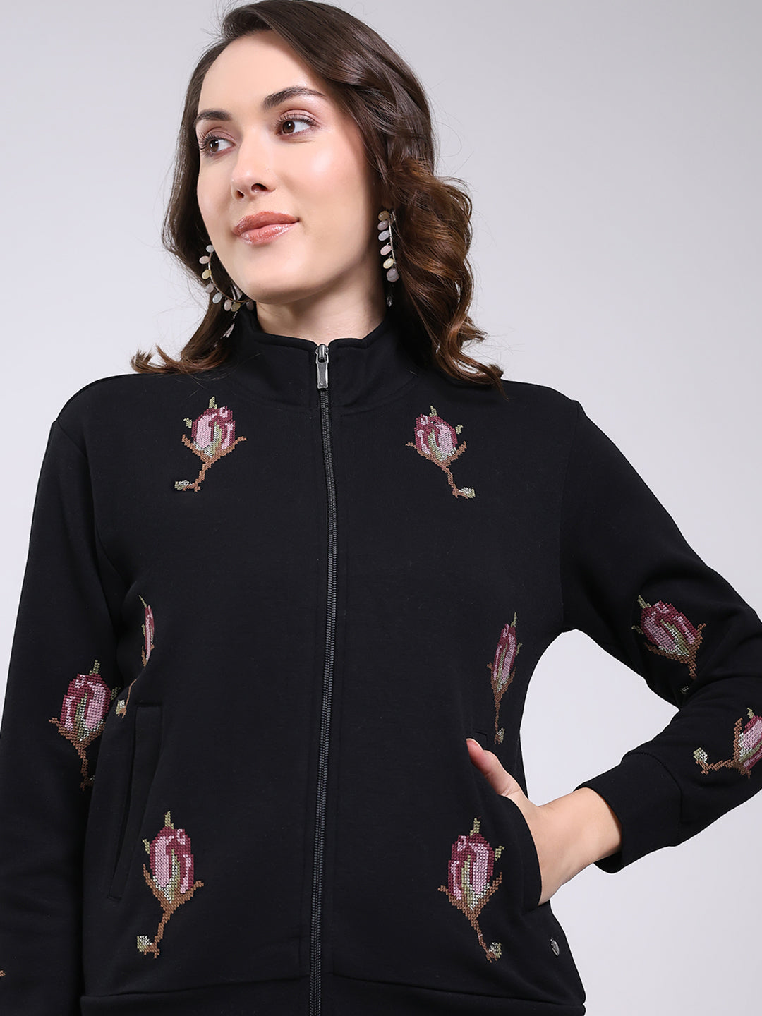 Women Black Self Design Mock Neck Full Sleeve Sweatshirt