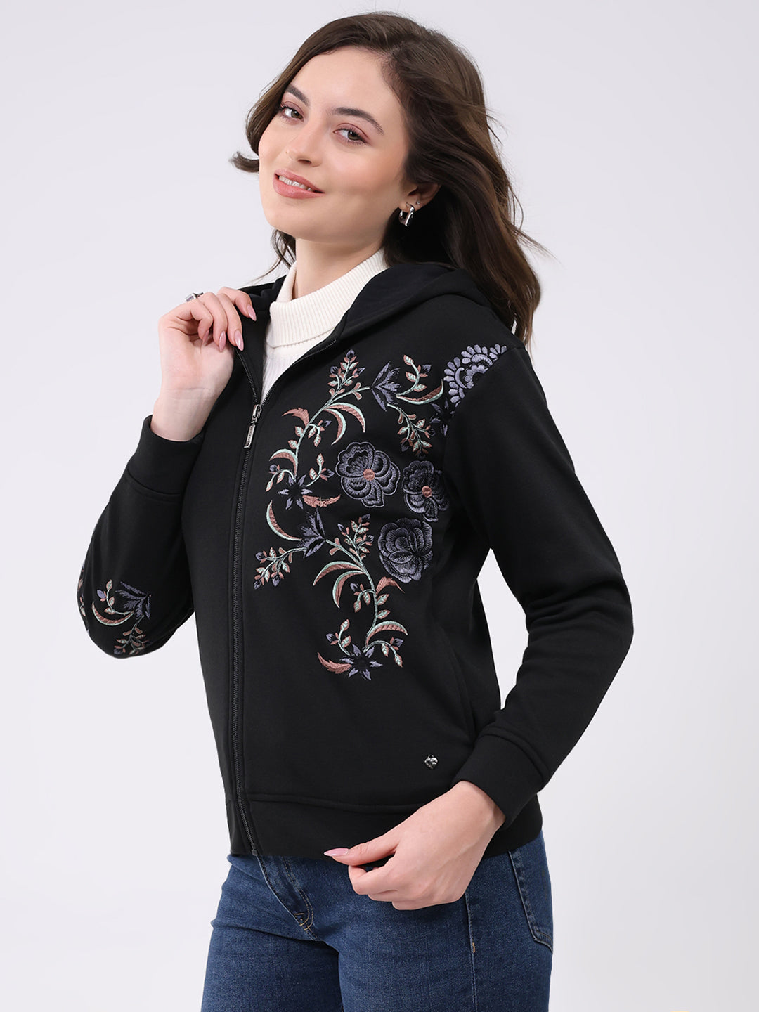 Women Black Embroidered Hooded Full Sleeve Sweatshirt