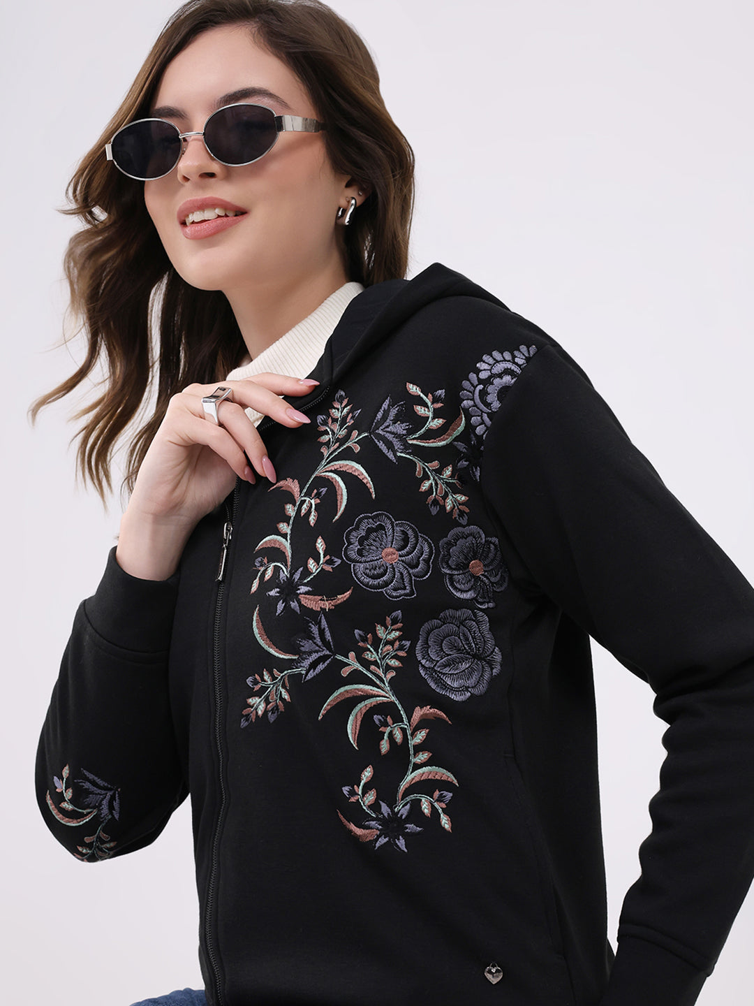 Women Black Embroidered Hooded Full Sleeve Sweatshirt