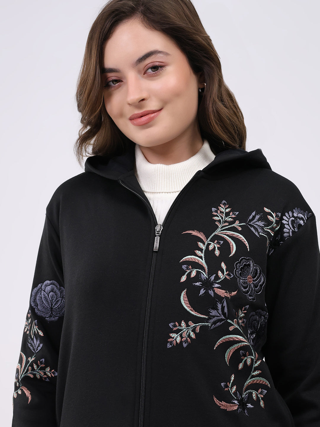 Women Black Embroidered Hooded Full Sleeve Sweatshirt