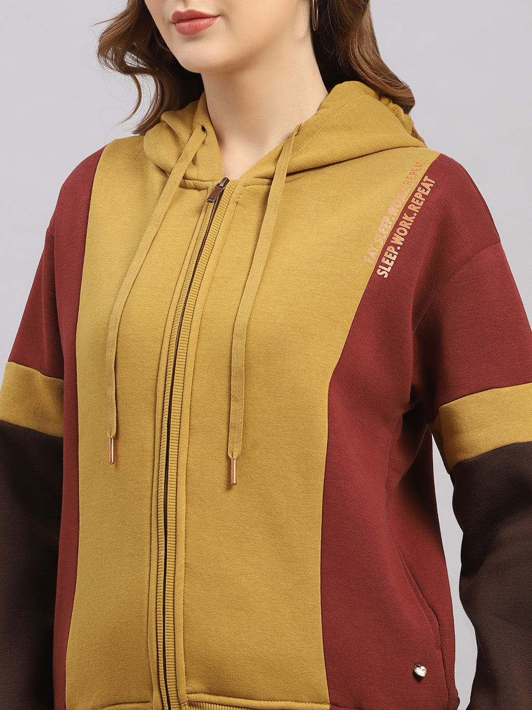 Women Mustard Printed Hooded Full Sleeve Winter Tracksuit