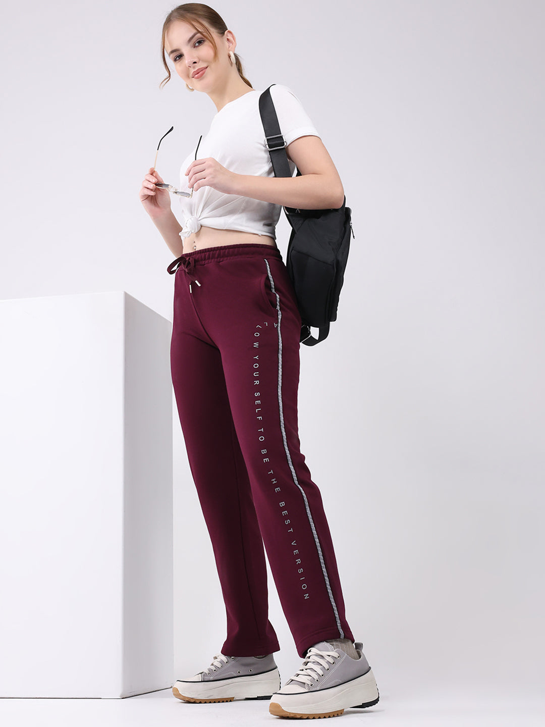 Women Burgundy Printed Regular Fit Winter Lower