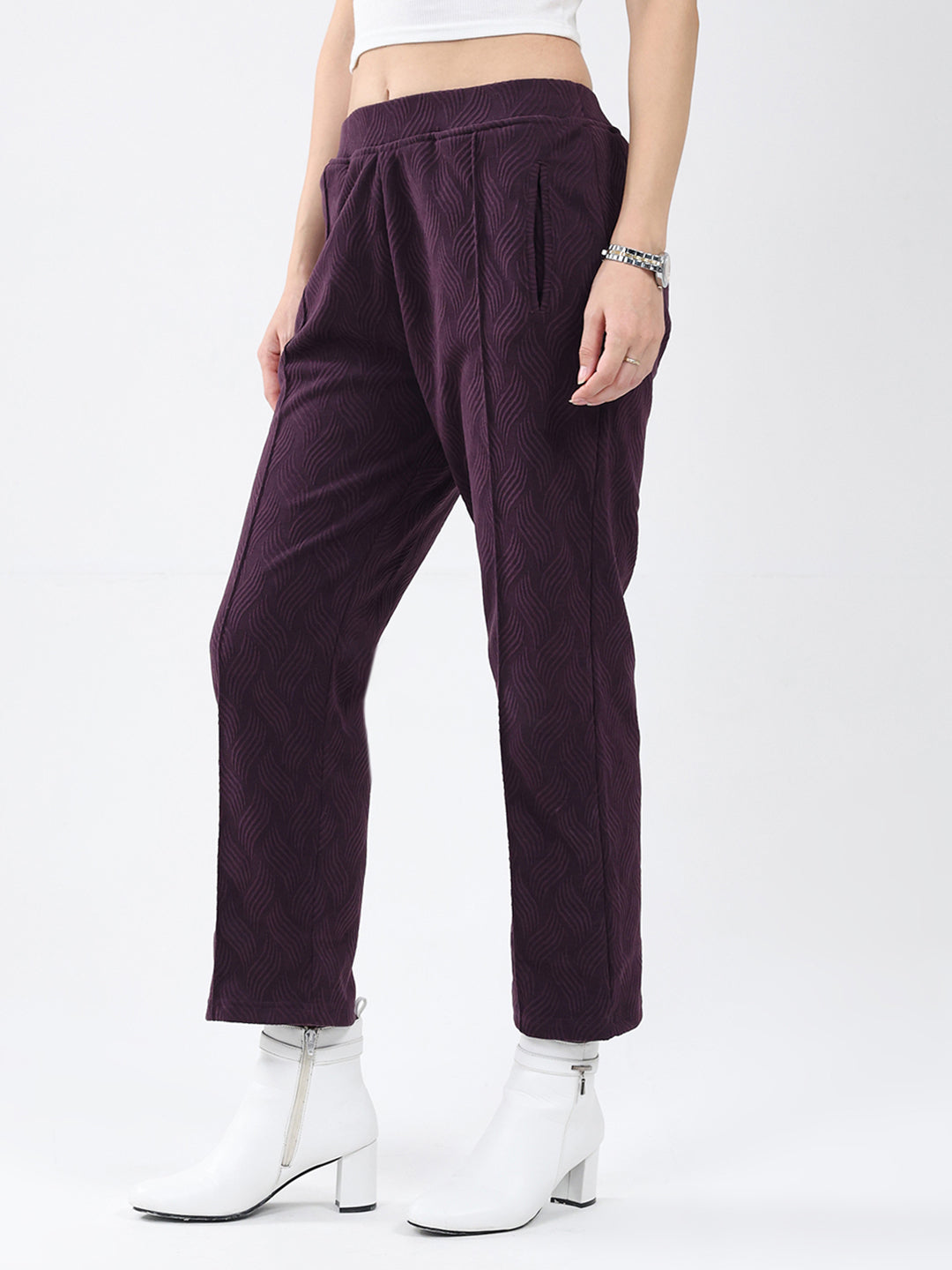 Women Purple Self Design Regular Fit Winter Lower