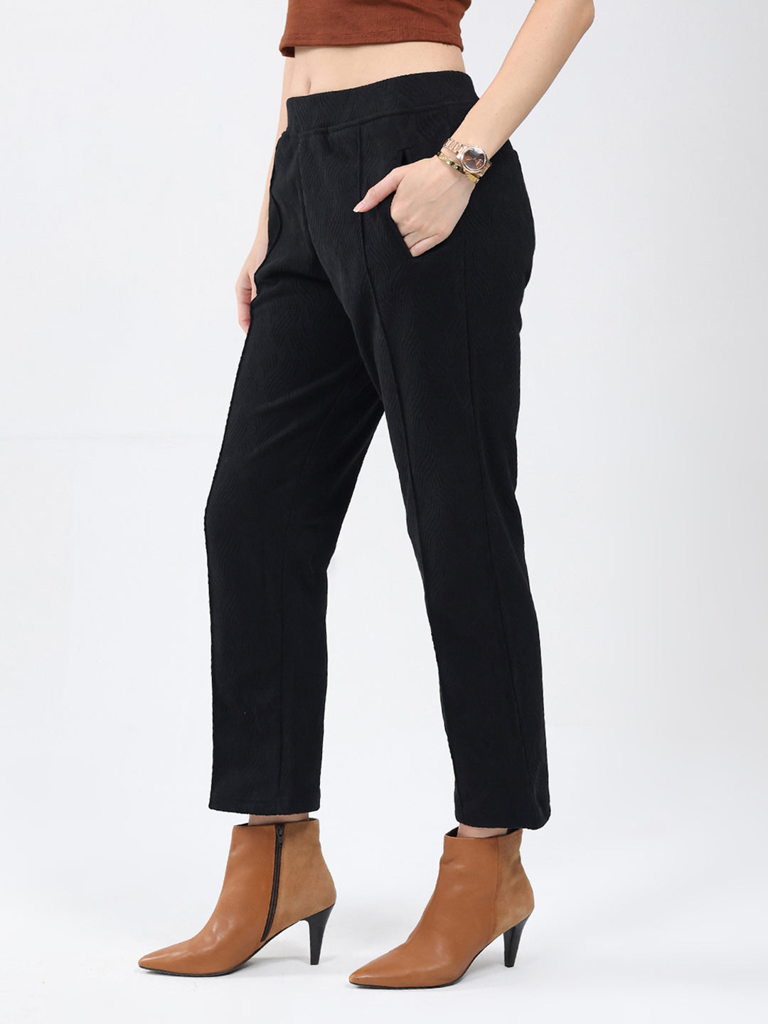Women Black Self Design Regular Fit Winter Lower