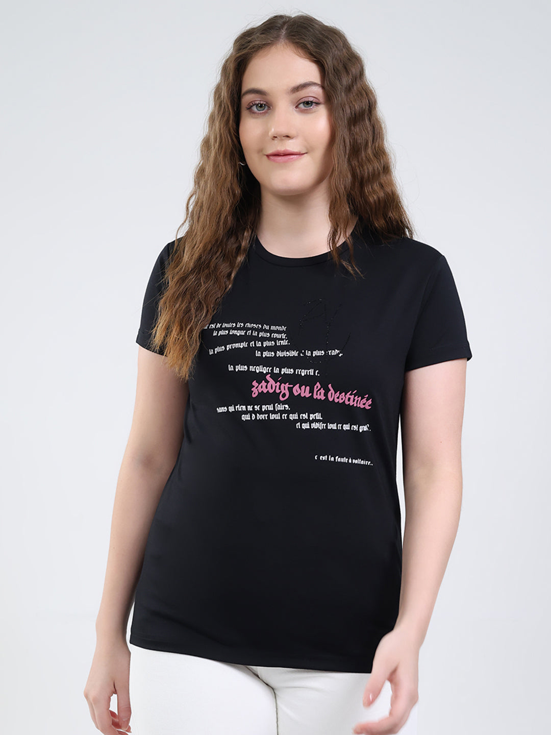 Women Black Printed Round Neck Half Sleeve Top