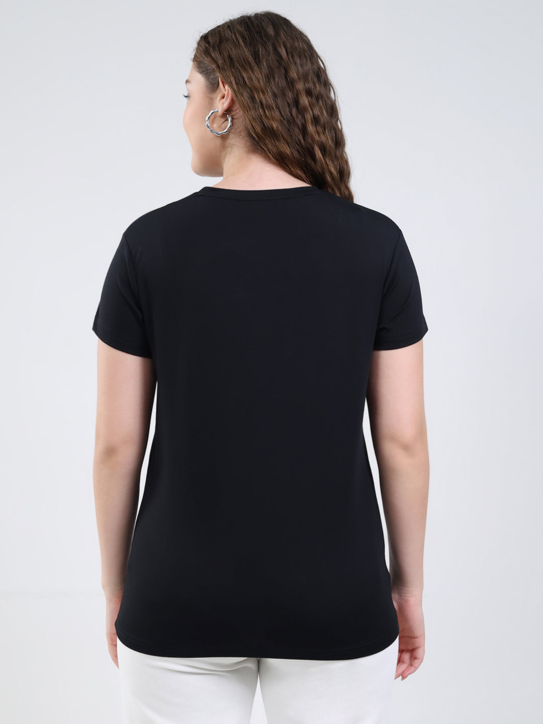 Women Black Printed Round Neck Half Sleeve Top