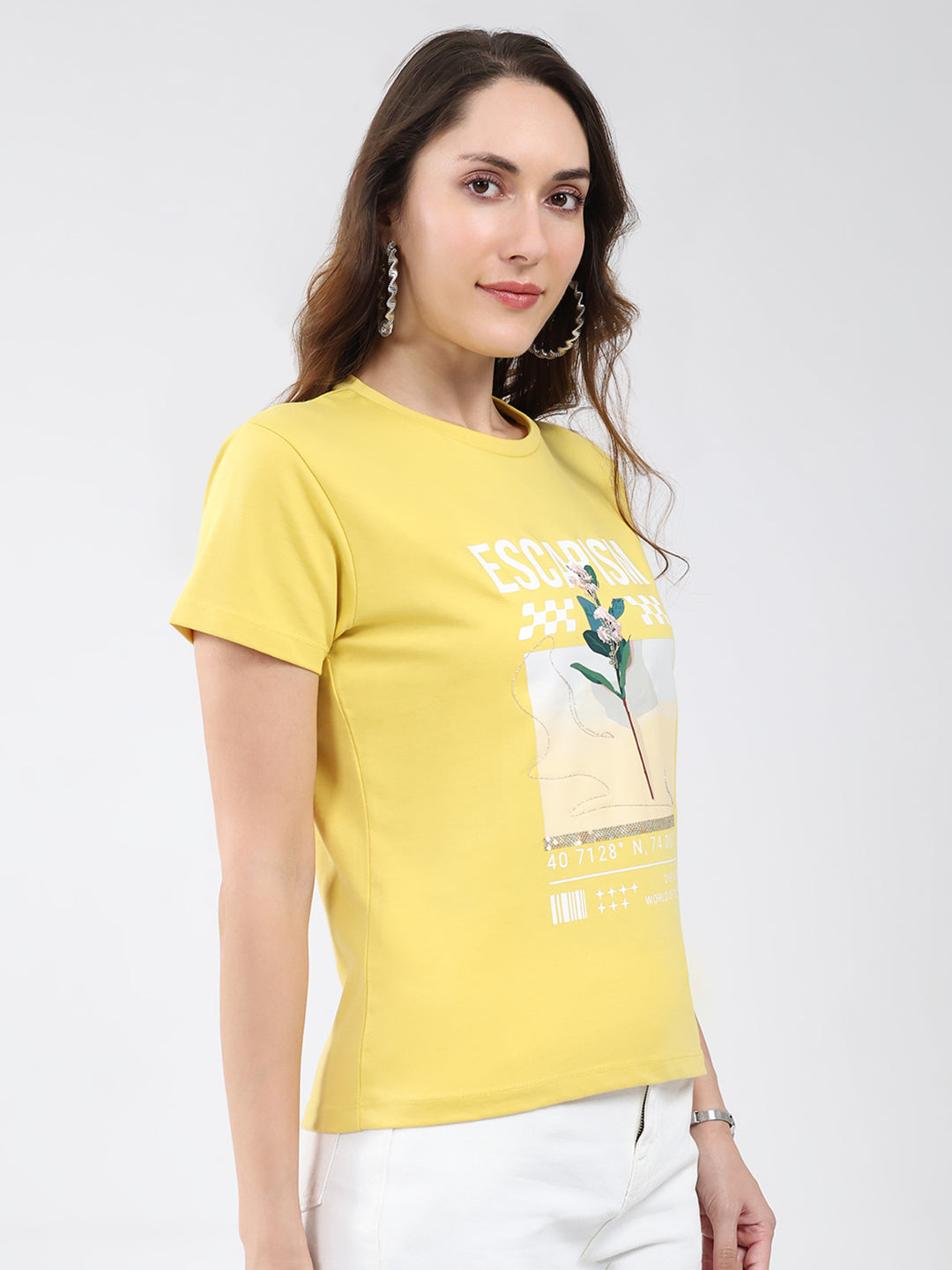 Women Yellow Printed Round Neck Half Sleeve Top