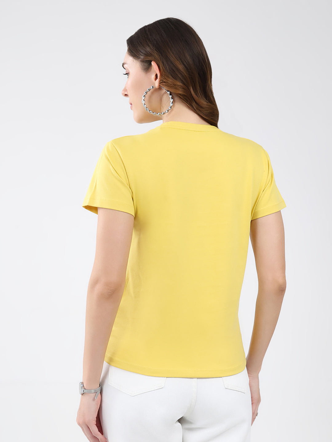Women Yellow Printed Round Neck Half Sleeve Top