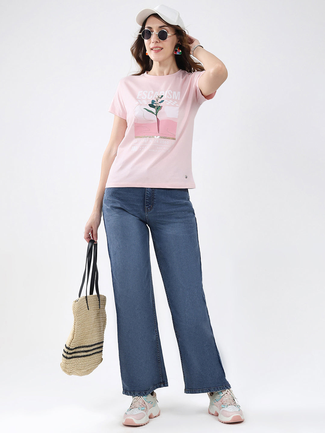 Women Pink Printed Round Neck Half Sleeve Top