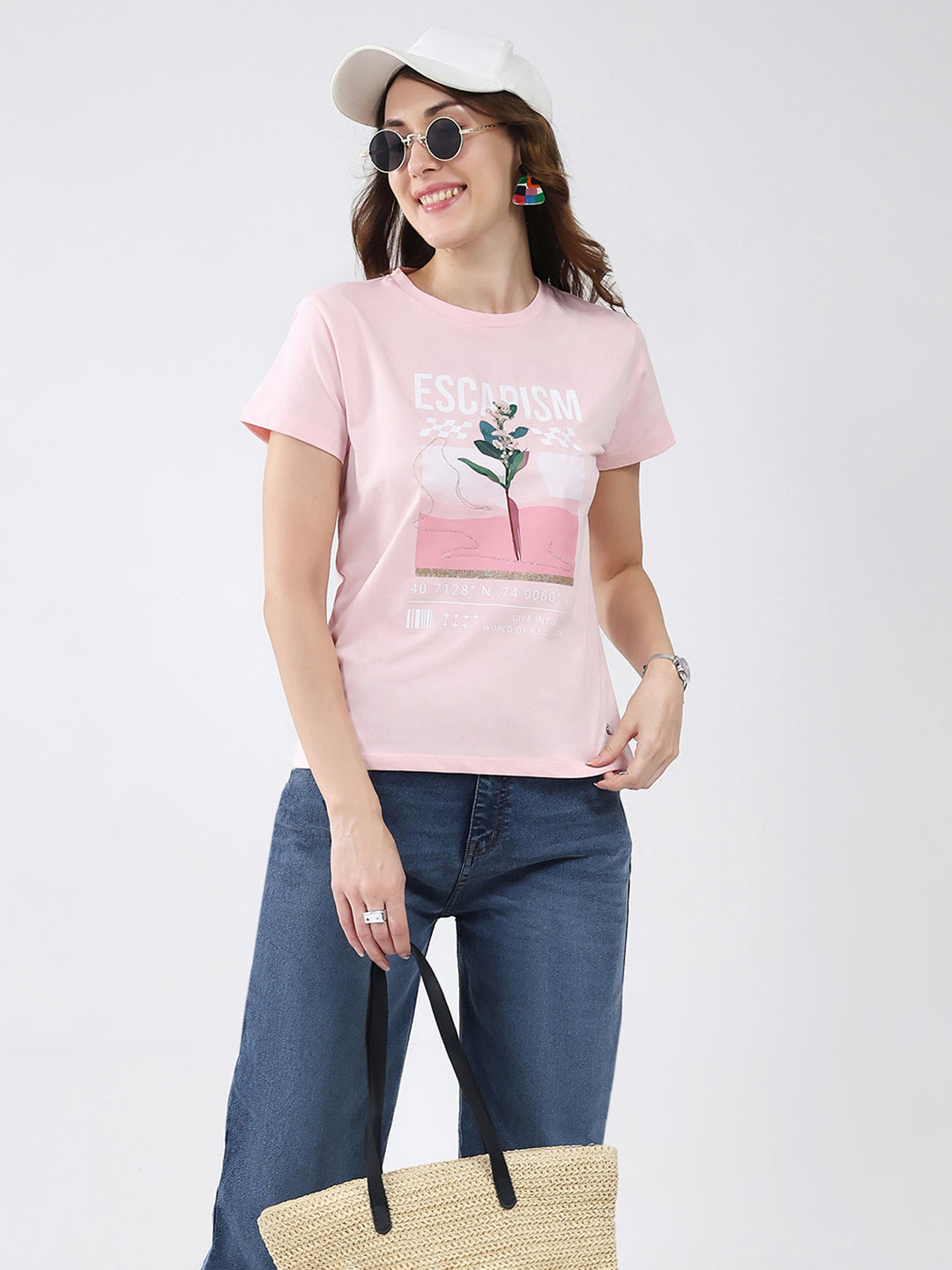 Women Pink Printed Round Neck Half Sleeve Top