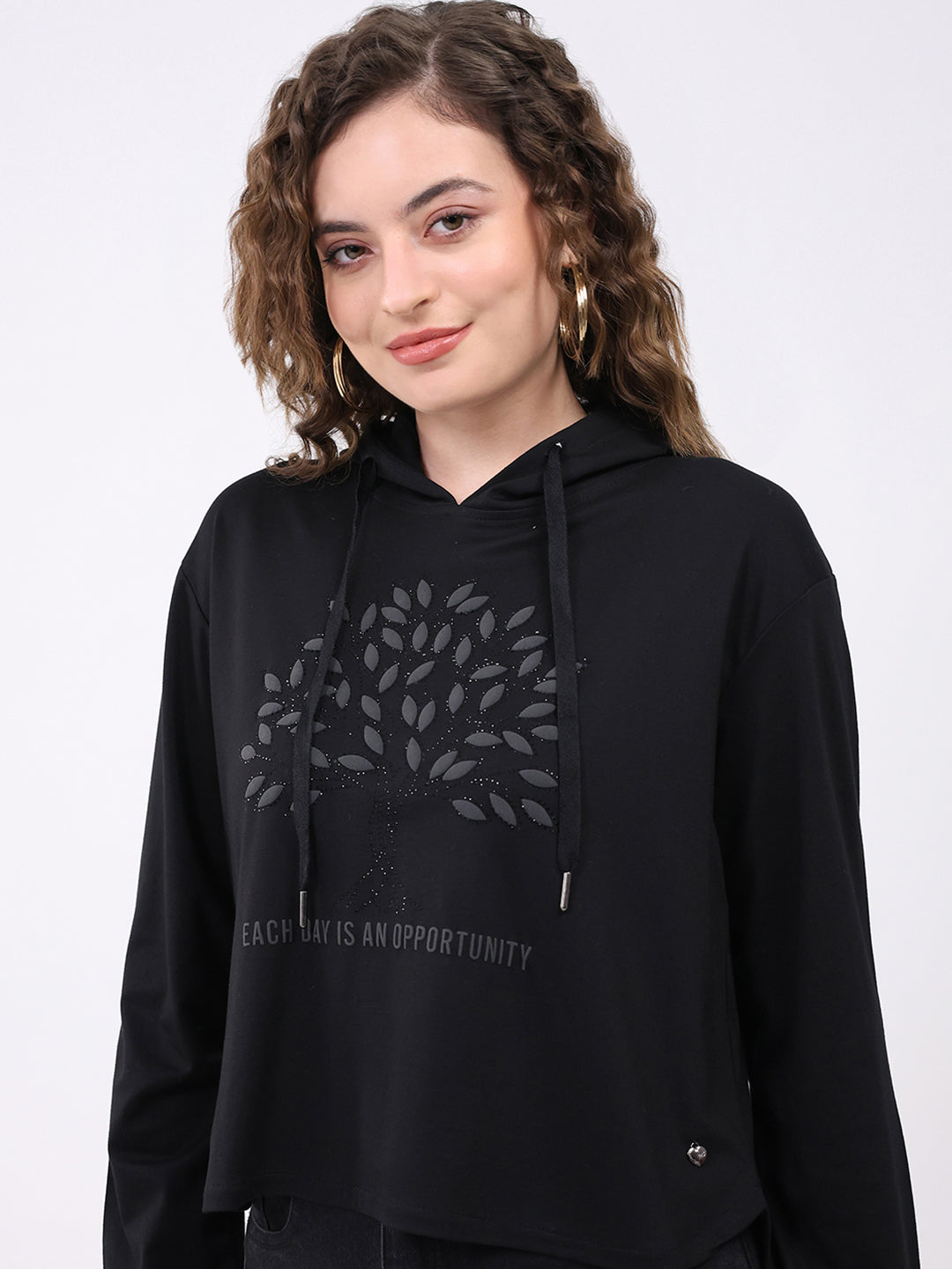 Women Black Printed Hooded Full Sleeve Winter Top