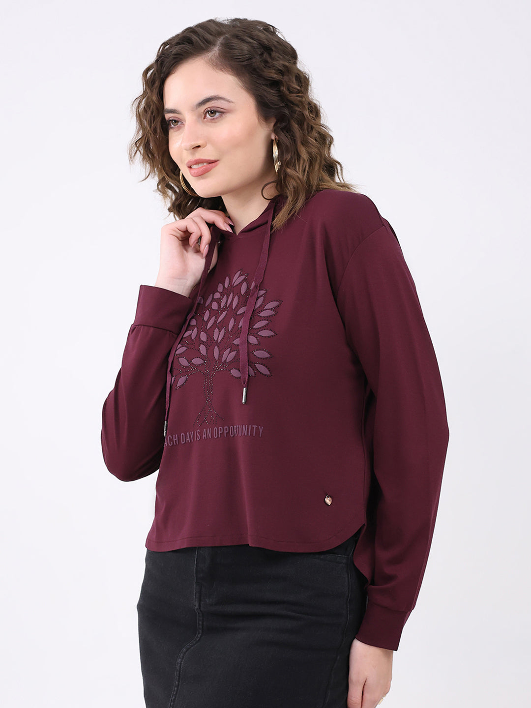 Women Burgundy Printed Hooded Full Sleeve Winter Top