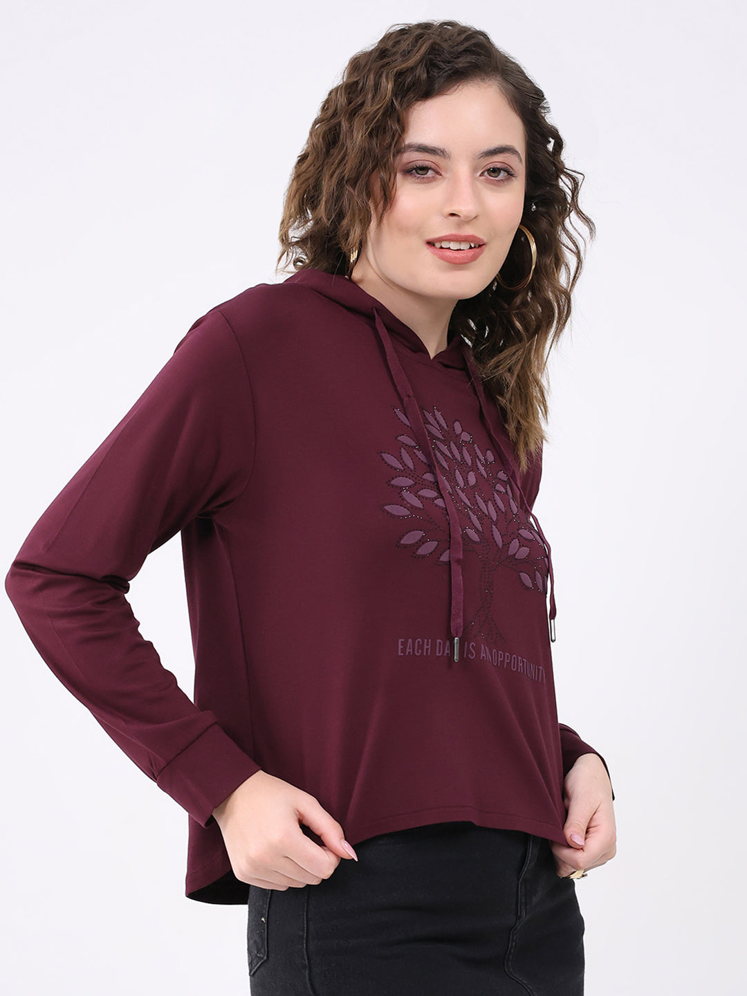 Women Burgundy Printed Hooded Full Sleeve Winter Top