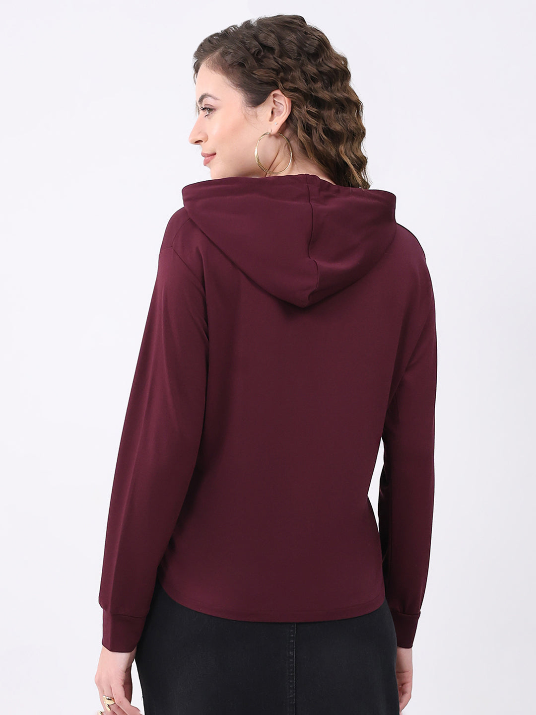 Women Burgundy Printed Hooded Full Sleeve Winter Top