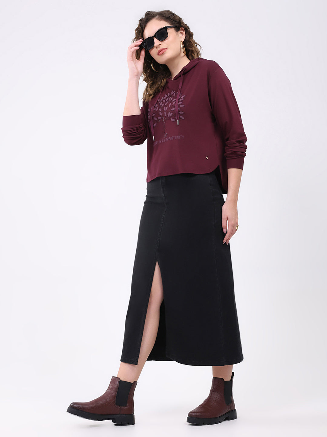 Women Burgundy Printed Hooded Full Sleeve Winter Top