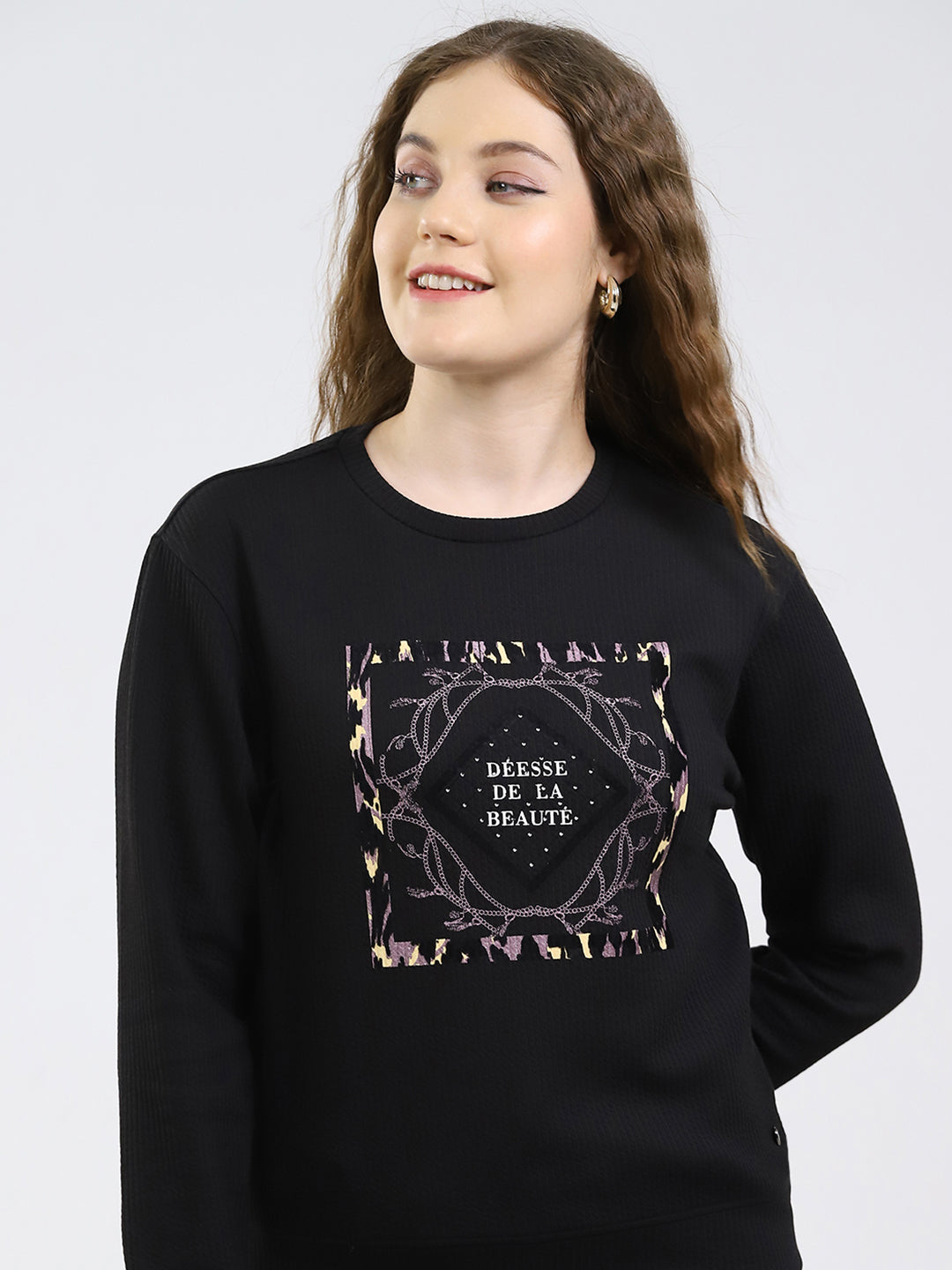 Women Black Printed Round Neck Full Sleeve Winter Top