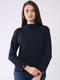 Women Navy Blue Self Design Mock Neck Full Sleeve Winter Top