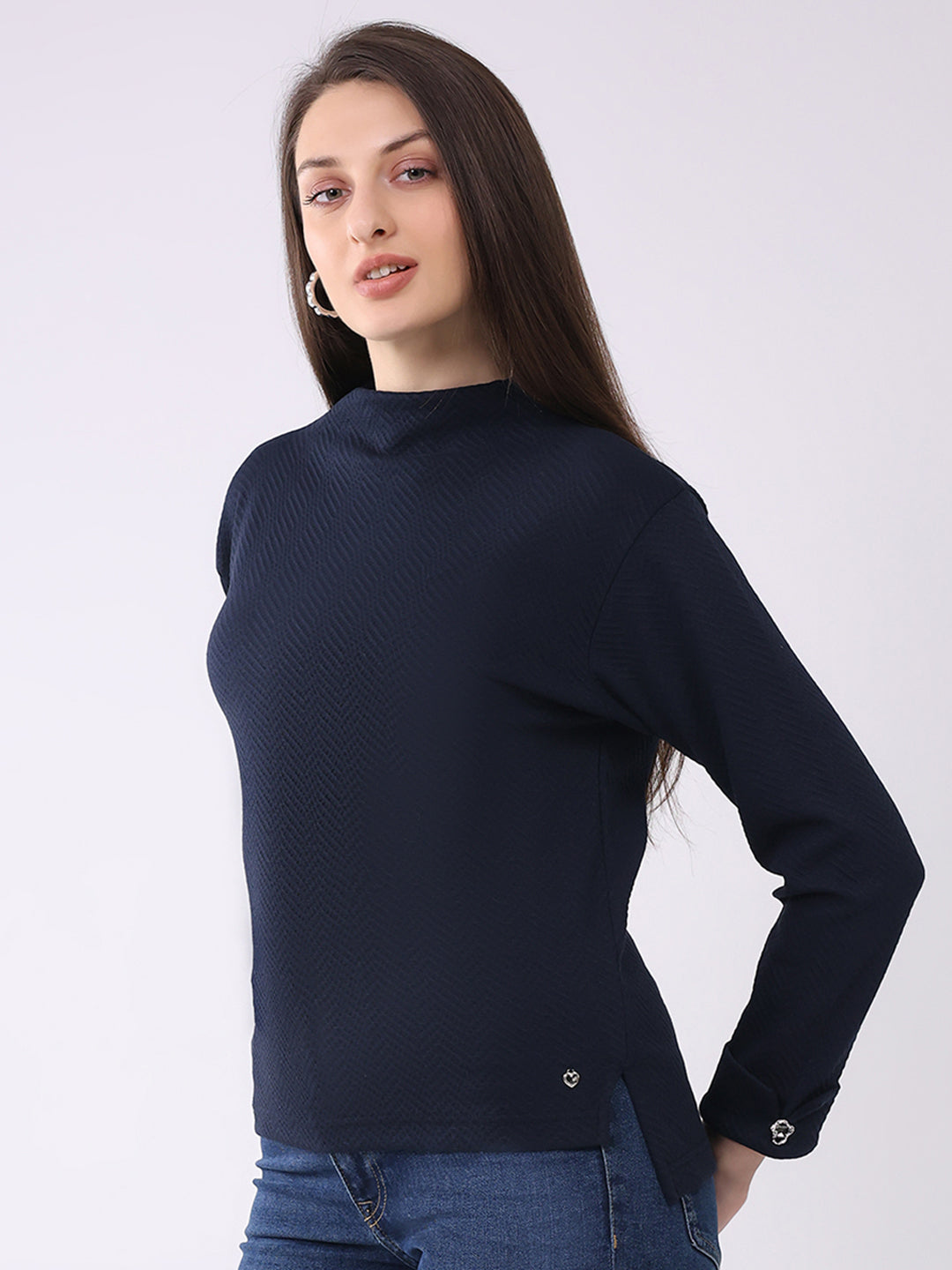 Women Navy Blue Self Design Mock Neck Full Sleeve Winter Top