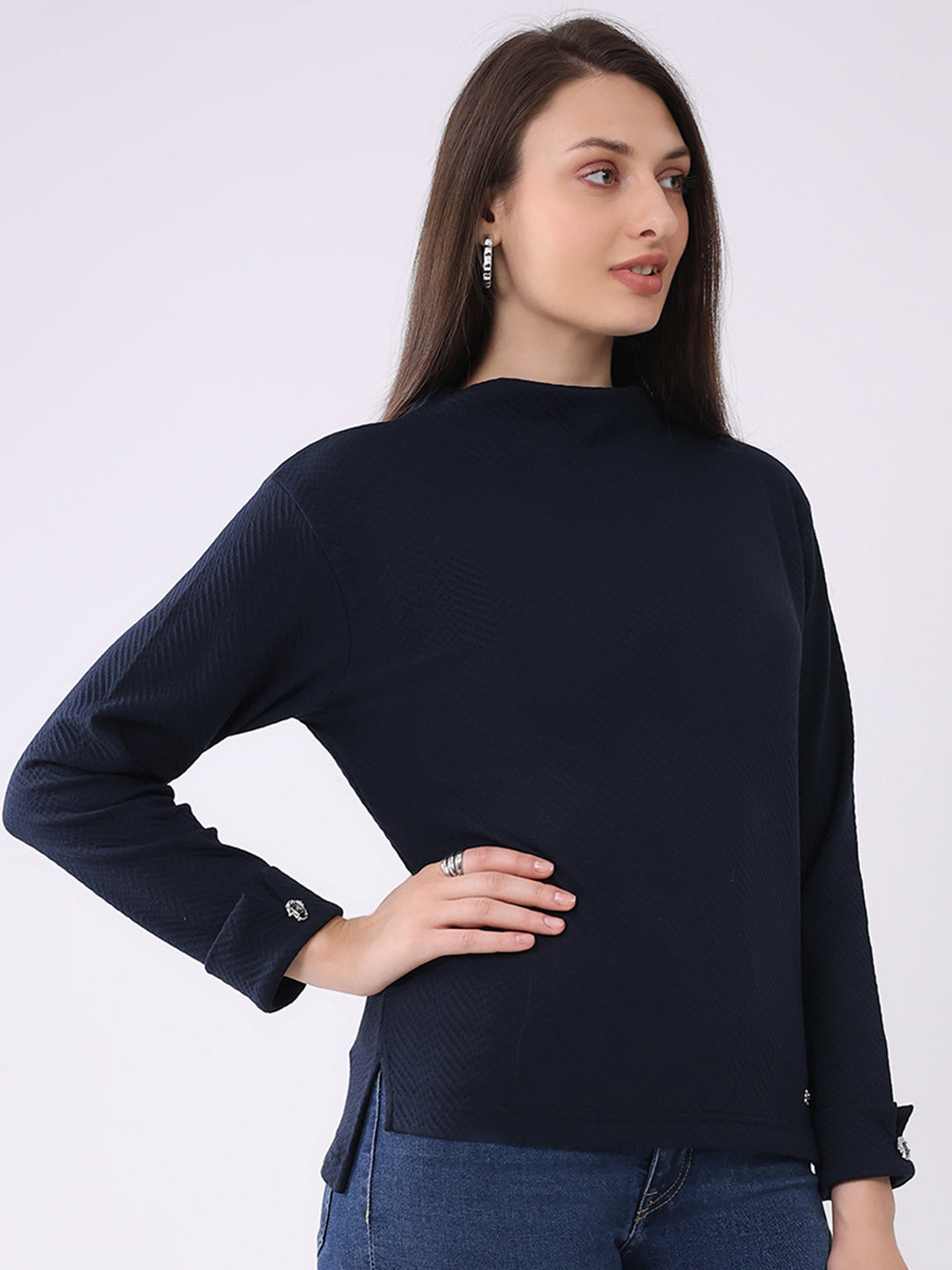 Women Navy Blue Self Design Mock Neck Full Sleeve Winter Top