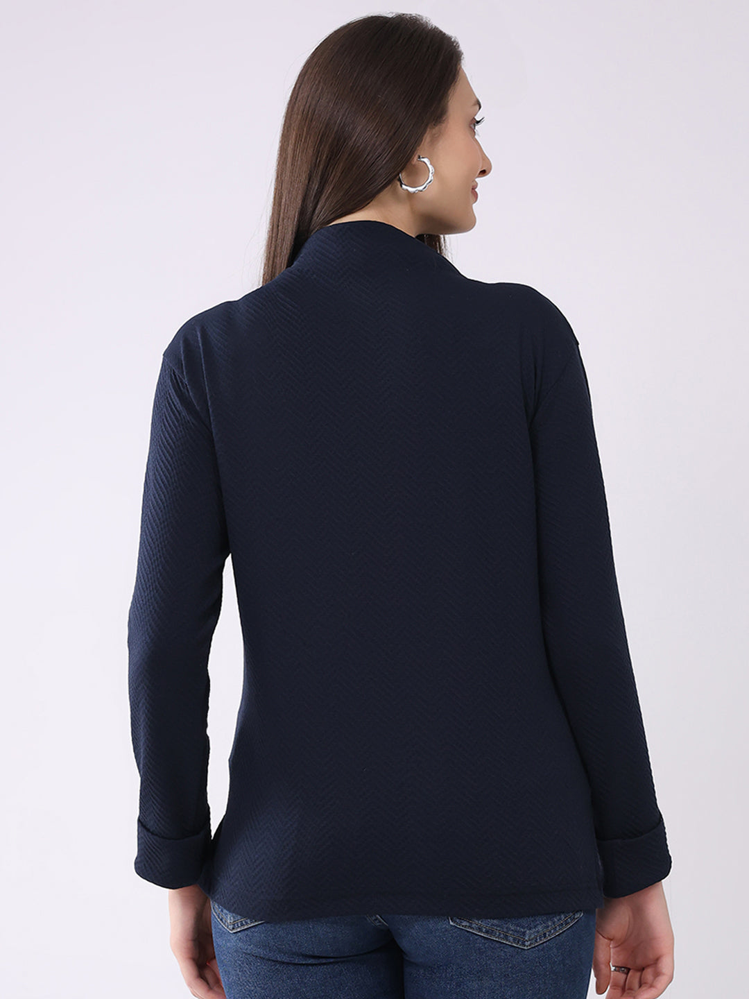 Women Navy Blue Self Design Mock Neck Full Sleeve Winter Top