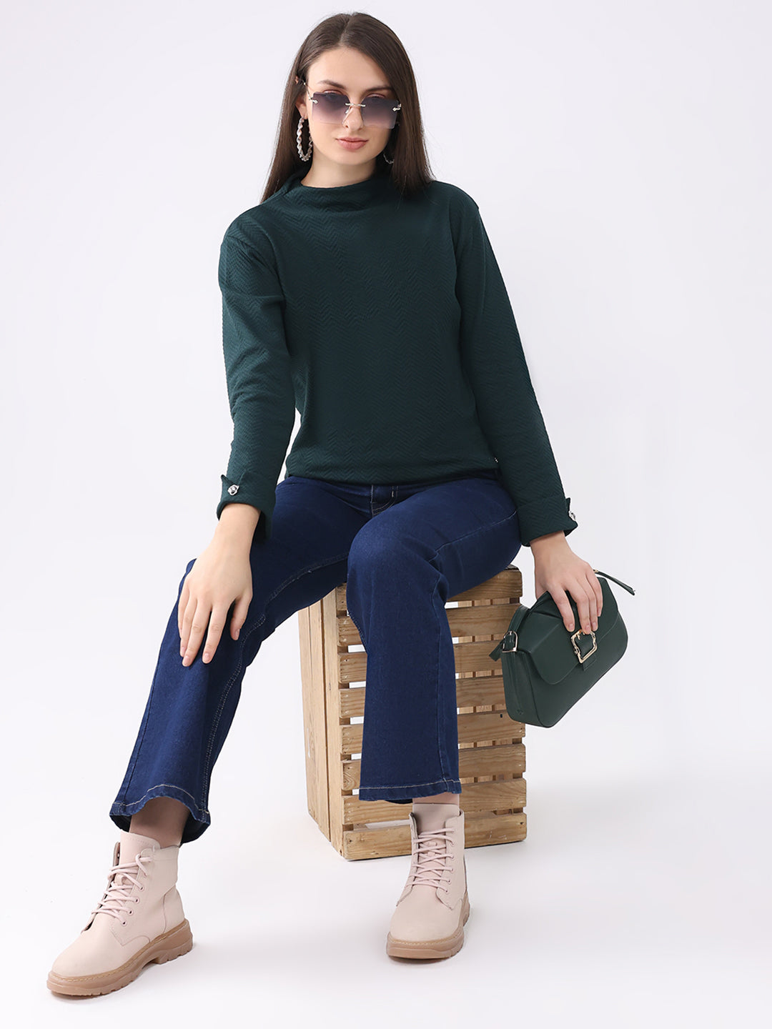 Women Dark Green Self Design Mock Neck Full Sleeve Winter Top
