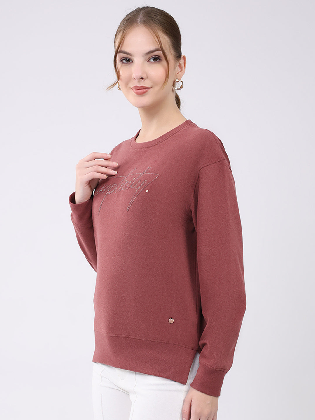 Women Burgundy Embroidered Round Neck Full Sleeve Winter Top